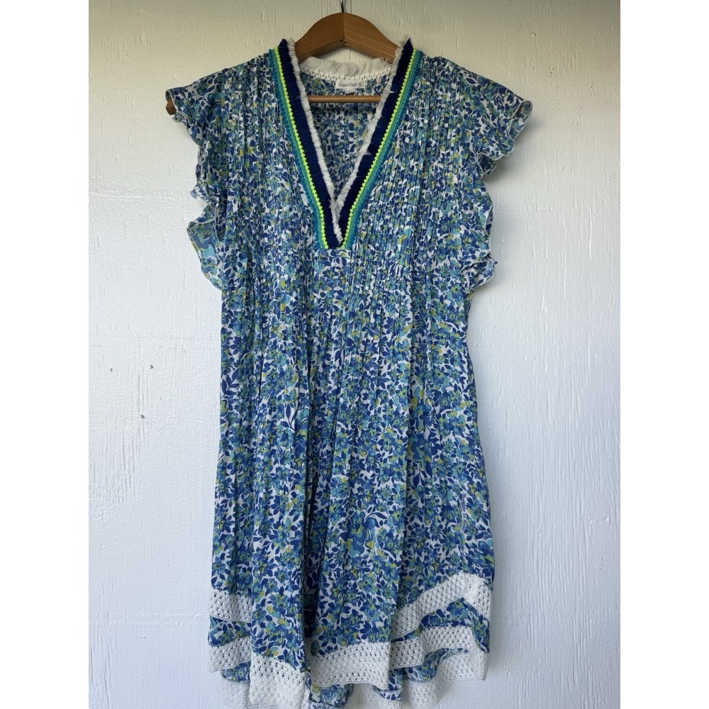 POUPETTE ST BARTH BLUE FLORAL CROCHET SASHA PLEATED FLUTTER SLEEVE MINI DRESS XS